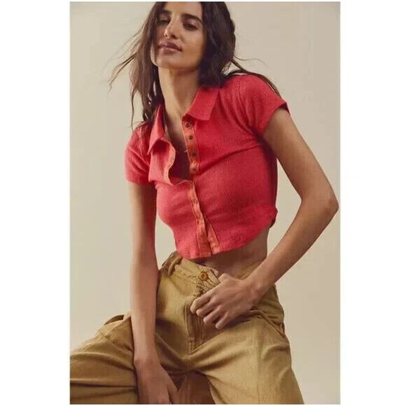 Free People Fifi Cropped Polo T Shirt Sz medium - Picture 2 of 7